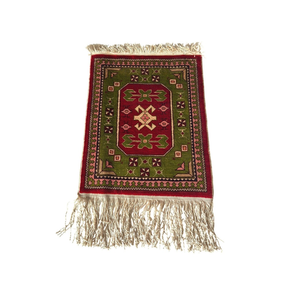 Vintage Miniature Mini Kilim Turkish Rug Decor Green Red 12x19 Silk Wool KC - Picture 1 of 10